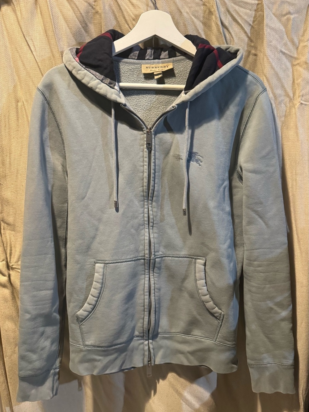 Burberry Light Blue Zip-Up Hoodie with Navy Contrast Hood